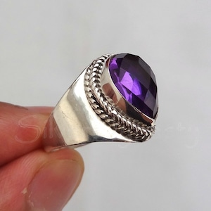 Natural Amethyst Ring, 925 Solid Sterling Silver Ring, Handmade Silver Ring, Gift for Her, Teardrop Amethyst Ring, February Birthstone Ring