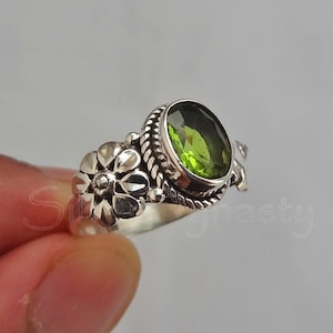 Handmade Peridot Ring: Oval Sterling Silver Boho Ring