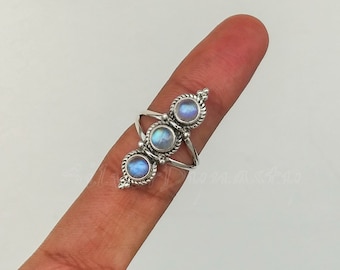 Rainbow Moonstone Ring, 925 Solid Sterling Silver Ring, Round Moonstone Ring, Boho Ring, Blue Fire Moonstone Ring, Ring for Women, Rings
