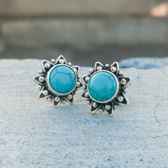 Natural Turquoise Earrings Studs in 925 Sterling Silver Gift for