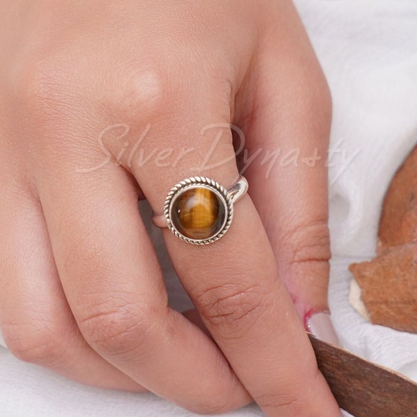 Bague oeil de tigre naturel, argent sterling 92,5, bague faite main, bague décorative, bague oeil de tigre pour femme, cadeau pour elle, cadeau de Noël,