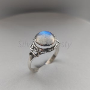 Handmade Round Rainbow Moonstone Ring: Sterling Silver June Birthstone