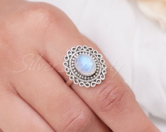 Rainbow Moonstone Ring, Boho Moonstone Ring, Sterling Silver Ring for Women, Statement Ring with Stone, Bohemian Wanderlust Jewelry