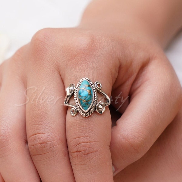 Natural Turquoise Ring, Handmade Ring, 925 Solid Sterling Silver Ring, gift for her, Rings for Women, Copper Turquoise Ring,Bohemian Jewelry