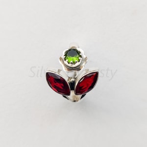 Peridot & Garnet Ring: Sterling Silver Flower Boho Ring