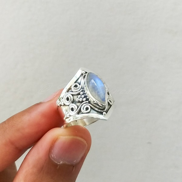 Natural Rainbow Moonstone Ring For Men & Women - 925 Sterling Silver Birthstone Ring, Handmade, Sizes 4-12 - View #2