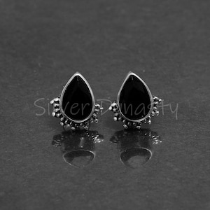 Pear Black Onyx Sterling Silver Studs: Handmade Minimalist Earrings