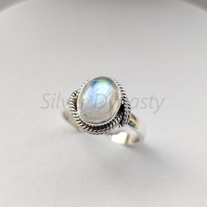 Rainbow Moonstone Ring: Oval Sterling Silver Boho Ring