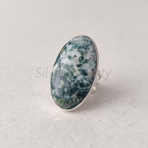 Oval Tree Agate Ring: Handmade 925 Sterling Silver