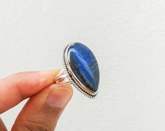 Teardrop Labradorite Ring: Boho 925 Sterling Silver