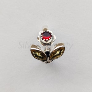 Handmade Garnet & Citrine Flower Ring: 925 Sterling Silver Boho Ring