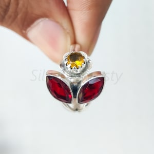 Handmade Garnet & Citrine Ring: 925 Sterling Silver Flower
