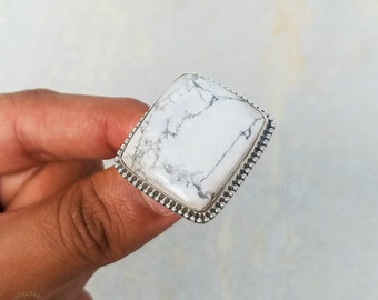 Howlite ring, 925 Solid Sterling Silver Ring, Silver Howlite Ring, Gemstone Ring, Silver Ring, Big Stone Ring, Women's Ring, Square Ring