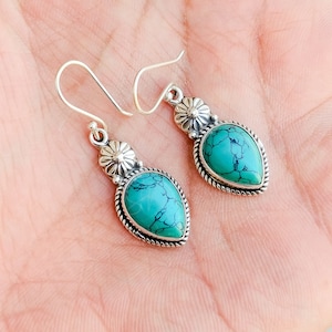 Handmade Turquoise Drop Earrings: Sterling Silver Boho Dangles