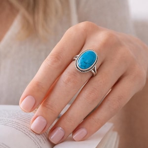 Natural Turquoise Sterling Silver Ring: Oval Gemstone Boho Jewelry