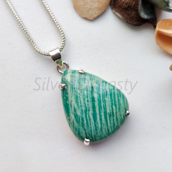 Natural Amazonite Pendant in 925 Sterling Silver Handmade Pendant Healing Crystal Handamade Gift Green Stone Amazonite Pendant Necklace