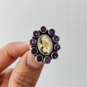 Amethyst and Citrine Ring: 925 Sterling Silver Cluster Ring