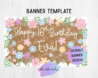 Birthday Banner Template | 3x5 Editable Canva Template, Flower Design, Digital Download