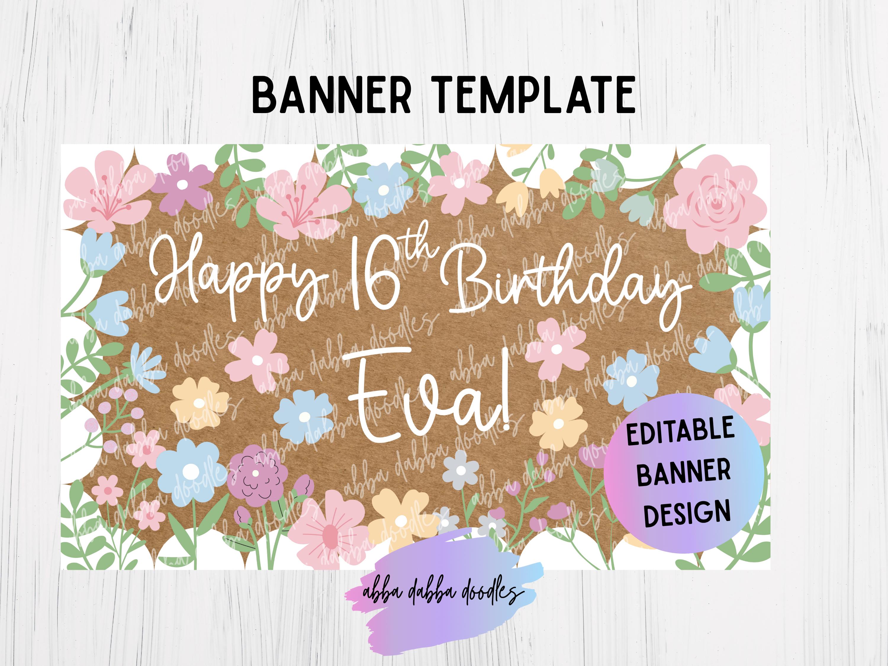 Birthday Banner Template | 3x5 Editable Canva Template, Flower Design ...