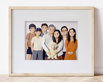 Custom Family Portrait - Cartoon Paper Art // Custom couple 1st anniversary gift. Cute one of a kind paper anniversary gift for her.