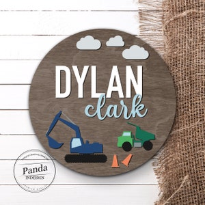 Personalized Nursery decor, Circle Sign, Construction Nursery Decor, Builder, Trucks, Truck Print