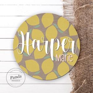 Signo de vivero de limón, signo de nombre personalizado, amarillo y rosa, tema de frutas, guardería de niñas