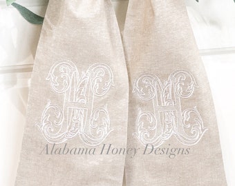 Double Monogram Wreath Sash - Oatmeal Linen Blend