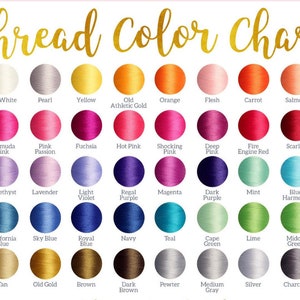 May include: A colour chart of embroidery floss thread with 48 different colours. The colours are arranged in rows and columns, with each colour having a name written below it. The names include colours like white, off white, pearl, yellow, old athletic gold, orange, flesh, carrot, salmon, light pink, pink, bermuda pink, pink passion, fuchsia, hot pink, shocking pink, deep pink, fire engine red, scarlet, cherry, wine, amethyst, lavender, light violet, regal purple, magenta, dark purple, mint, blue harmony, tahoe blue, aquamarine, california blue, sky blue, royal blue, navy, teal, cape green, lime, midori green, irish green, hunter green, tan, old gold, brown, dark brown, pewter, medium grey, silver, charcoal, and black.