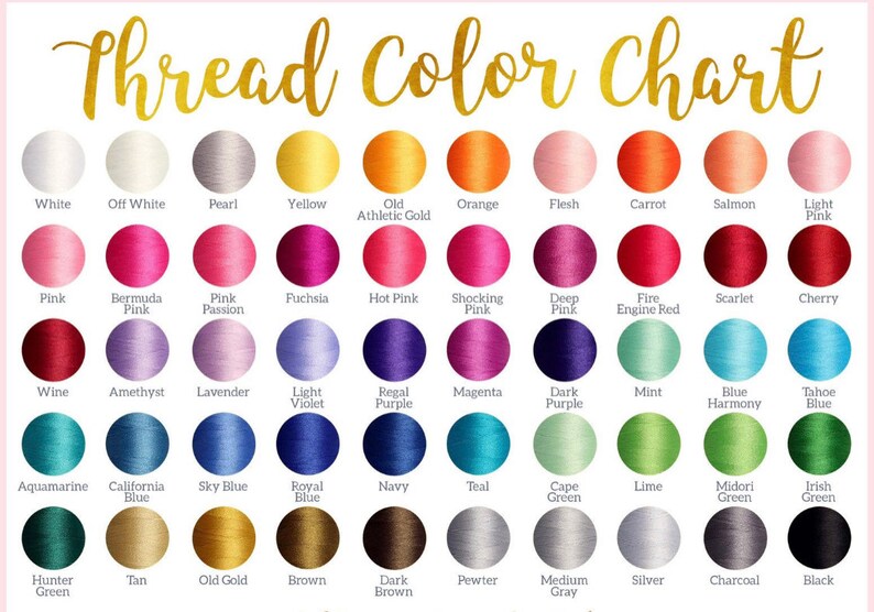 May include: A colour chart of embroidery floss thread with 48 different colours. The colours are arranged in rows and columns, with each colour having a name written below it. The names include colours like white, off white, pearl, yellow, old athletic gold, orange, flesh, carrot, salmon, light pink, pink, bermuda pink, pink passion, fuchsia, hot pink, shocking pink, deep pink, fire engine red, scarlet, cherry, wine, amethyst, lavender, light violet, regal purple, magenta, dark purple, mint, blue harmony, tahoe blue, aquamarine, california blue, sky blue, royal blue, navy, teal, cape green, lime, midori green, irish green, hunter green, tan, old gold, brown, dark brown, pewter, medium grey, silver, charcoal, and black.