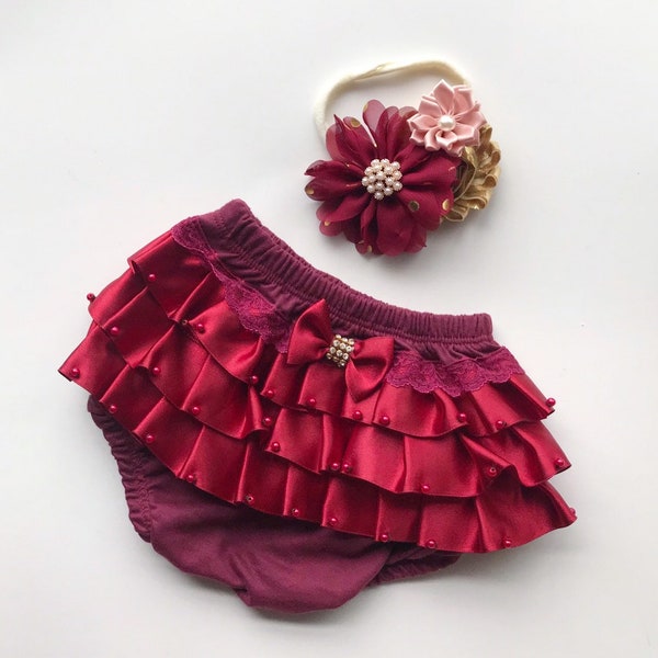 Burgundy baby bloomer - burgundy newborn bloomer - newborn nylon  headband - satin ruffles bloomer - baby shower gift - vintage nylon bow