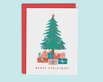 MERRY CHRISTMAS CARD- Christmas Tree with gifts Holiday Card, Classic Christmas Card