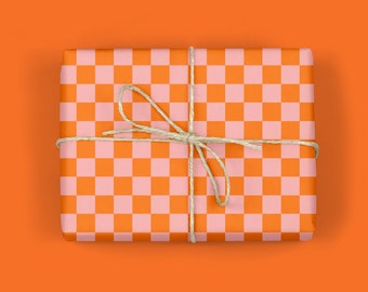 Retro Checkered Gift Wrap, Orange Pink Checkers,Colorful Checkerboard Gift Wrapping Paper,Wrapping Paper for him,Modern Gift Wrap Rolls