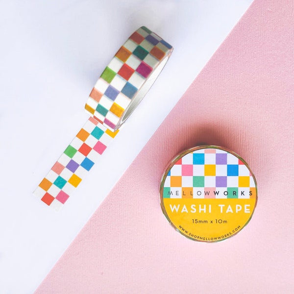 Rainbow Checkerboard Washi Tape, Mid Century Modern Washi Tape Cute Washi Tape, Preppy Aesthetic Tape, Checkered Grid Washi Tape