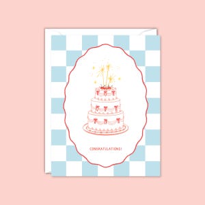 Carte de félicitations pour gâteau de mariage, gâteau vintage, cadre rétro, damier, cadre ondulé, pour l'heureux couple, les mariés, la carte pour elle