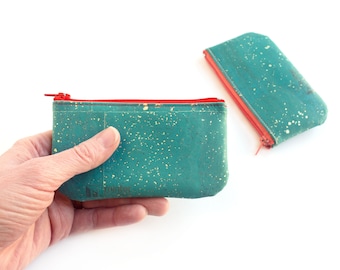 Vegan pouch with zip. Cork coin wallet. Teal cork leather with gold flecks.