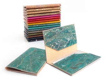 ID wallet. Turquoise + silver cork identification card holder. Gift card case made with blue cork fabric.