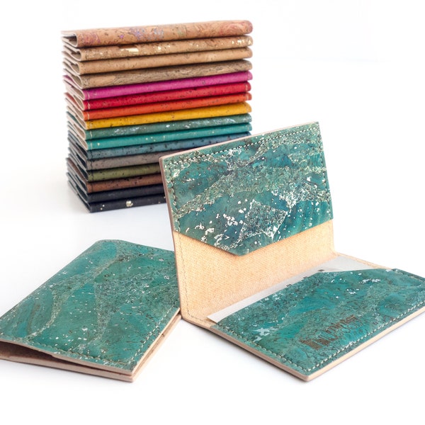 ID wallet. Turquoise + silver cork identification card holder. Gift card case made with blue cork fabric.