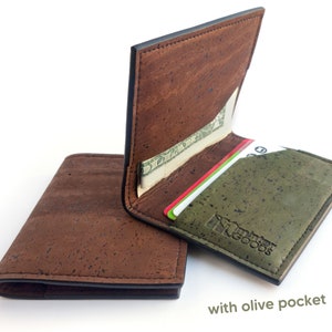 Mens front pocket wallet. Card and cash holder made from cork fabric. Vegan gift accessory. with olive pocket