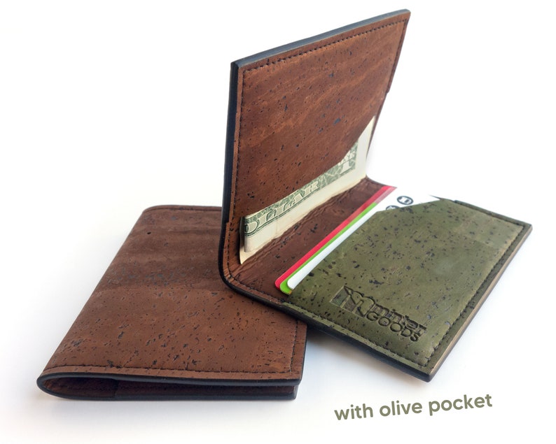 Mens front pocket wallet. Card and cash holder made from cork fabric. Vegan gift accessory. with olive pocket