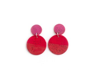 Cork earrings. Bold colors, lightweight statement jewelry. Two circles. Pink and two-toned red.