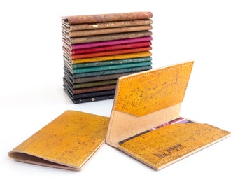 Thin wallet. Vegan credit card holder made of cork fabric. New job gift in mustard yellow.