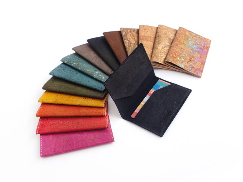 Credit card holder. Small card wallet made of black cork fabric. Small business card case. image 1