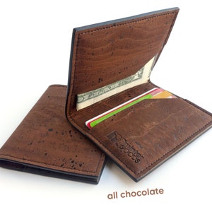 Mens front pocket wallet. Card and cash holder made from cork fabric. Vegan gift accessory. all chocolate