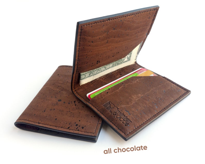 Mens front pocket wallet. Card and cash holder made from cork fabric. Vegan gift accessory. all chocolate