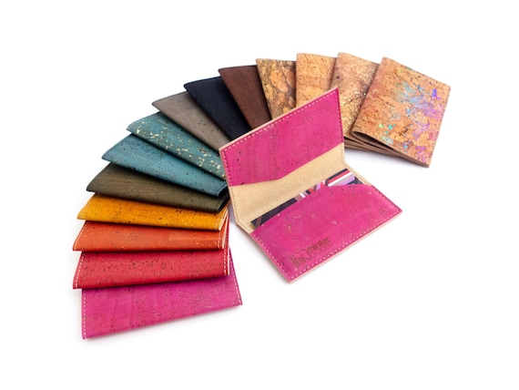 Small ladies wallet. Cork leather card holder for her. Business card case made of sustainable material. Pink gift for woman.