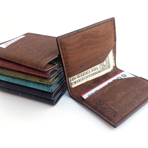 Mens front pocket wallet. Card and cash holder made from cork fabric. Vegan gift accessory. image 1