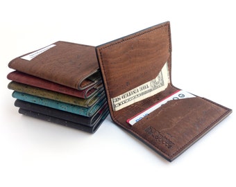 Mens front pocket wallet. Card and cash holder made from cork fabric. Vegan gift accessory.