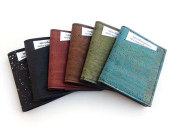 Cork slim wallet, various colors. Vegan leather small wallet for folded cash. Credit card carrier with outer slit.