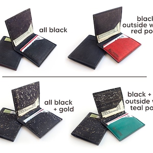 Cork slim wallet, various colors. Vegan leather small wallet for folded cash. Credit card carrier with outer slit. image 3