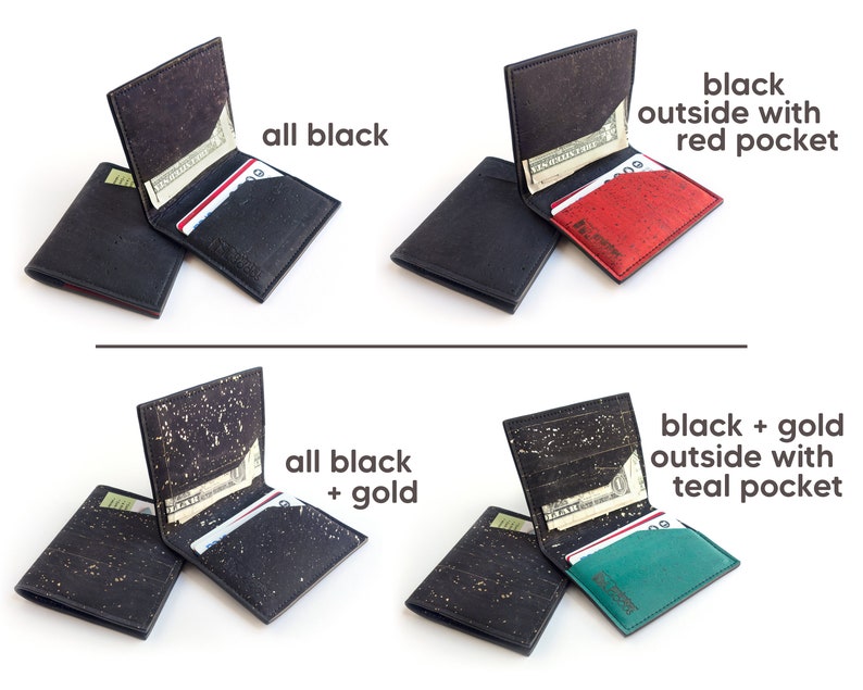 Cork slim wallet, various colors. Vegan leather small wallet for folded cash. Credit card carrier with outer slit. image 3